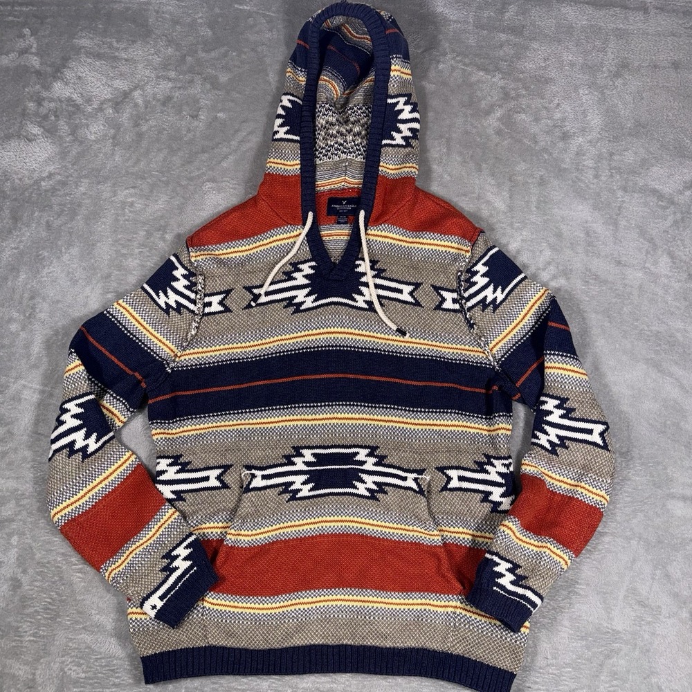 American Eagle Aztec Tribal Multicolor Hoodie Mens MEDIUM Outdoors Pullover Knit